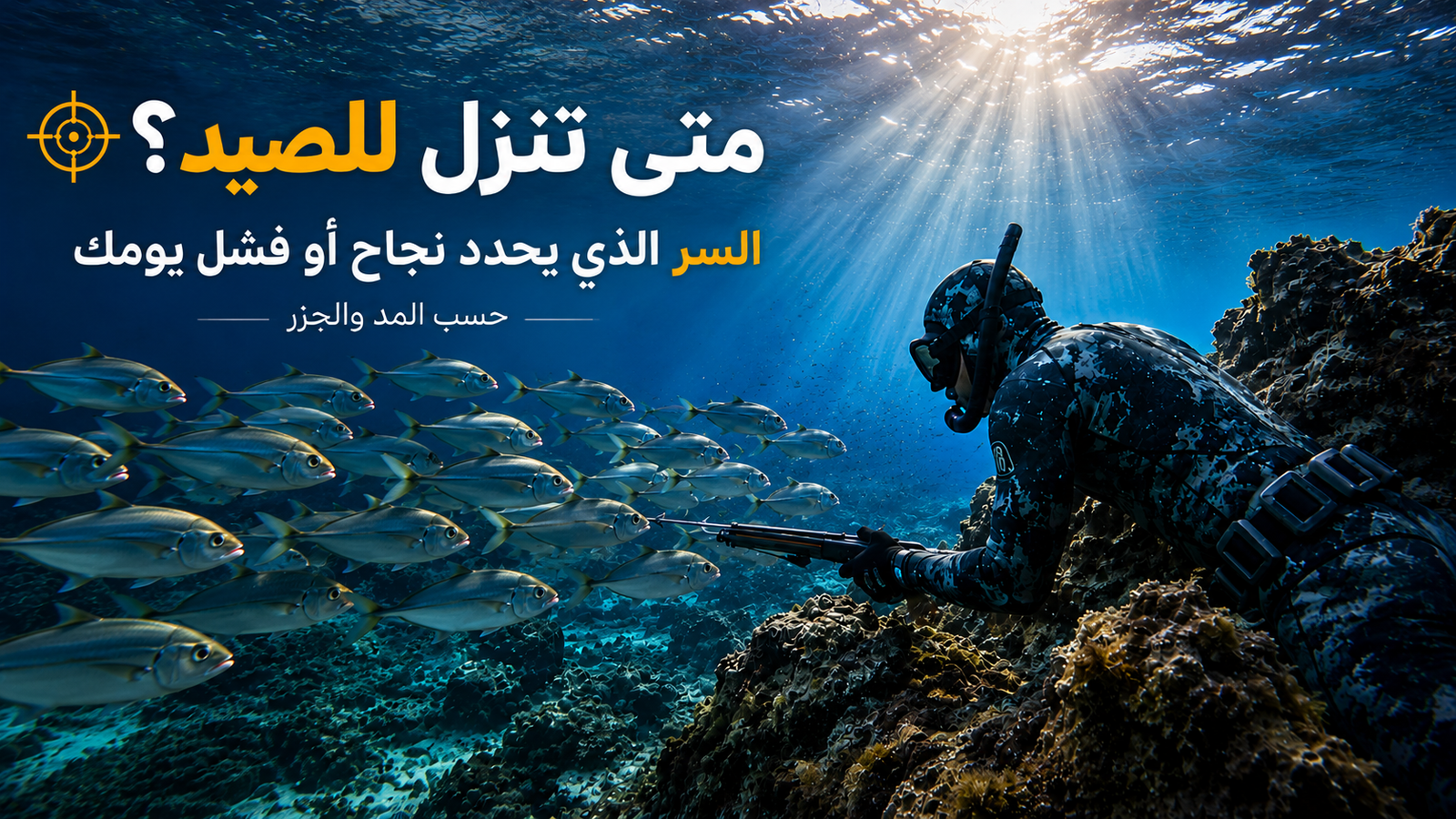 صياد تحت الماء يترصد سربًا كبيرًا من الأسماك قرب الشعاب الصخرية أثناء فترة نشاط مثالية، مع أشعة الشمس المتسللة عبر الماء، في مشهد يوضح أفضل وقت للصيد تحت الماء حسب المد والجزر وتأثير حركة البحر على سلوك الأسماك.