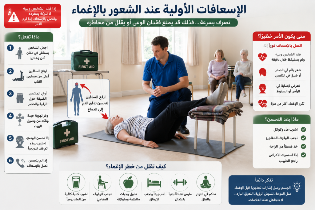 طريقة الإسعافات الأولية عند الشعور بالإغماء عبر الاستلقاء ورفع الساقين لتحسين تدفق الدم إلى الدماغ
