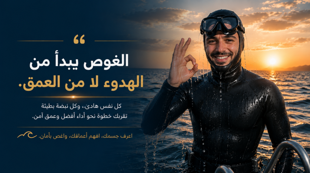 غواص حر مبتسم بعد الصعود من الماء يشير بعلامة “جيد” مع غروب ذهبي ورسالة عن الهدوء قبل الغوص العميق