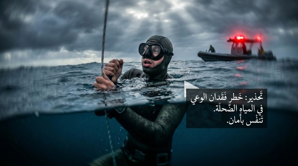 غواص حر متعب على سطح الماء مع تحذير من خطر فقدان الوعي في المياه الضحلة أثناء الغوص الحر