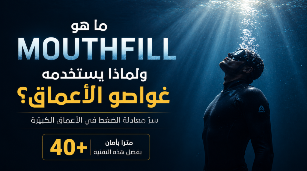 غواص حر محترف في أعماق البحر يشرح تقنية Mouthfill لمعادلة الضغط أثناء الغوص الحر العميق بإضاءة سينمائية زرقاء ومشهد احترافي عالي الدقة