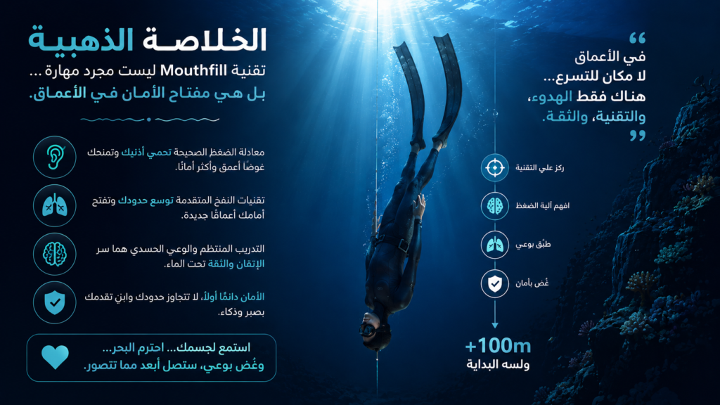 غواص حر محترف ينزل بهدوء نحو الأعماق في مشهد سينمائي مؤثر يرمز إلى تقنية Mouthfill والثقة في الغوص الحر العميق
