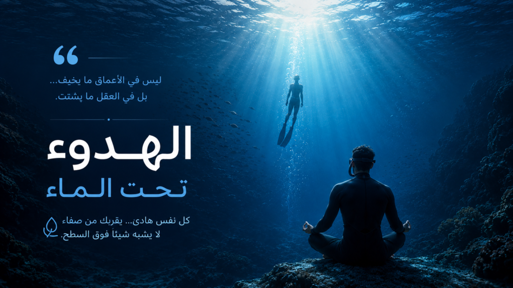 غواص حر يتأمل بهدوء في أعماق البحر بينما يصعد غواص آخر نحو الضوء في مشهد سينمائي يعكس السلام الداخلي وصفاء العقل تحت الماء
