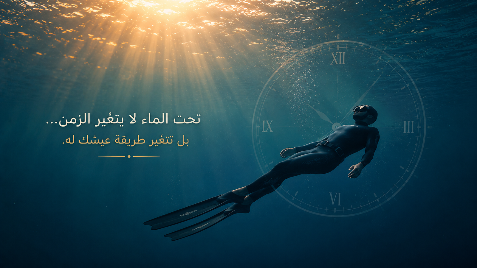 غواص حر يطفو بهدوء في الأعماق تحت أشعة شمس ذهبية مع ساعة شفافة في الخلفية ترمز إلى تغير إدراك الزمن أثناء الغوص الحر والتأمل تحت الماء.