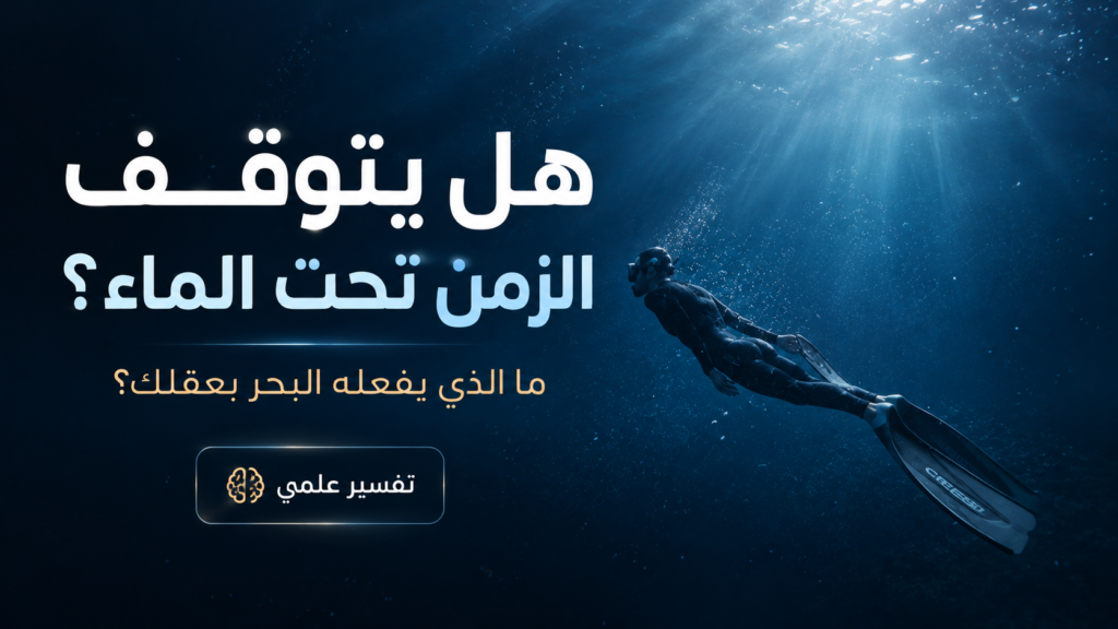 غواص حر ينزلق بهدوء في الأعماق الزرقاء تحت أشعة الشمس المتسللة عبر الماء، في مشهد سينمائي يرمز إلى تباطؤ الزمن وتغيّر إدراك الدماغ للوقت أثناء الغوص الحر.