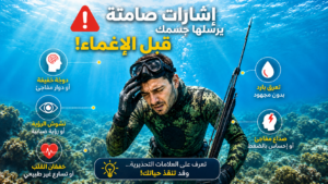 غواص صيد تحت الماء تظهر عليه علامات الدوخة والتعب داخل البحر مع إنفوجرافيك يوضح الإشارات الصامتة التي يرسلها الجسم قبل الإغماء أثناء الغوص الحر.