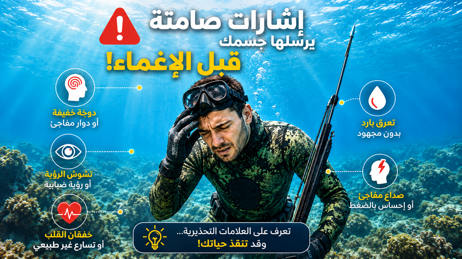 غواص صيد تحت الماء تظهر عليه علامات الدوخة والتعب داخل البحر مع إنفوجرافيك يوضح الإشارات الصامتة التي يرسلها الجسم قبل الإغماء أثناء الغوص الحر.