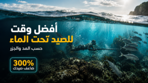 غواص صيد تحت الماء يتحرك وسط الأسماك والشعاب المرجانية في لقطة سينمائية توضح أفضل وقت للصيد حسب حركة المد والجزر، ضمن تصميم احترافي مخصص لعشاق الصيد تحت الماء والغوص الحر.