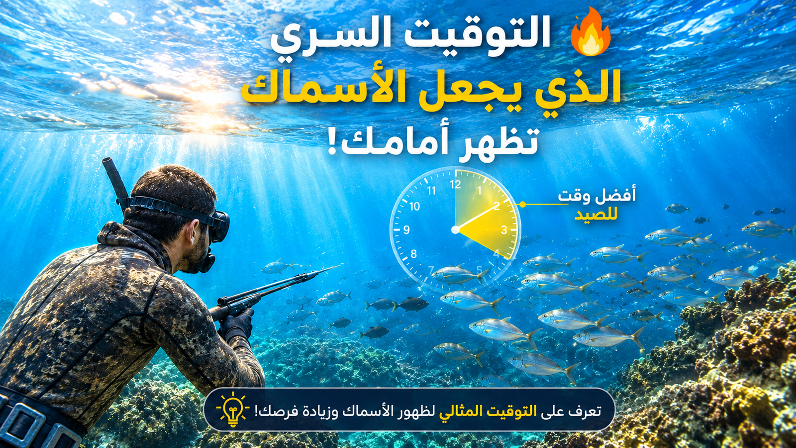 غواص صيد تحت الماء يراقب سربًا من الأسماك مع إنفوجرافيك يوضح أفضل توقيت للصيد تحت الماء وتأثير الوقت على ظهور الأسماك في البحر.