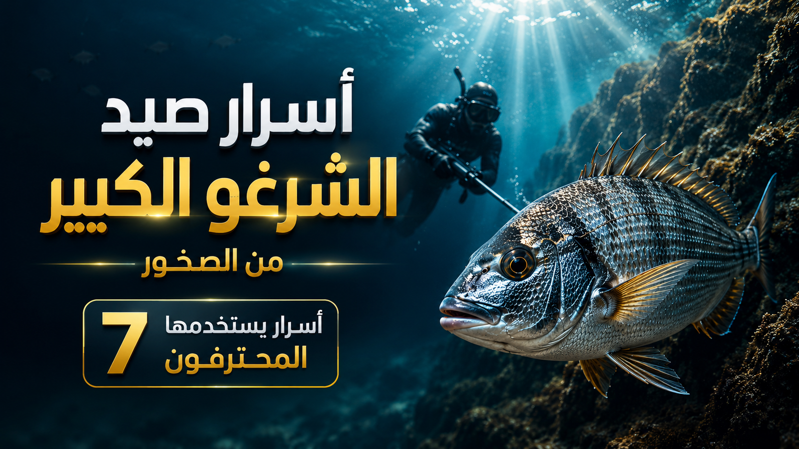 غواص صيد تحت الماء يقترب بهدوء من سمكة الشرغو الكبيرة بين الصخور البحرية في مشهد سينمائي احترافي بعنوان أسرار صيد الشرغو الكبير من الصخور مع إضاءة درامية وأجواء بحرية عميقة