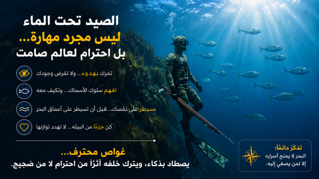 غواص محترف يندمج بهدوء مع البيئة البحرية بينما تسبح الأسماك بثقة حوله قرب الشعاب الصخرية