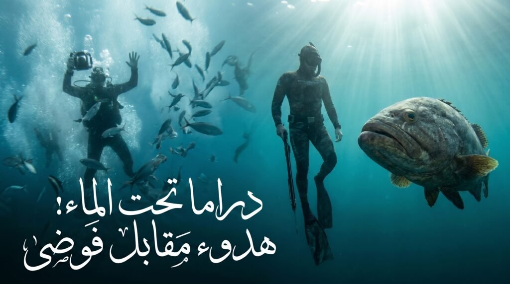 غواص هادئ يقف قرب سمكة ضخمة بينما تهرب الأسماك من غواص آخر يتحرك بعنف تحت الماء