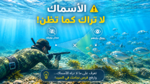 كيف ترى الأسماك الغواص تحت الماء؟ إنفوجرافيك يوضح الفرق بين مجال رؤية الغواص ومجال رؤية الأسماك أثناء الصيد تحت الماء في مشهد بحري مضيء.