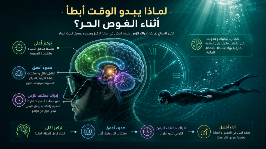 إنفوغرافيك تشريحي يوضح كيف يؤثر الغوص الحر في الدماغ وإدراك الزمن، من خلال زيادة التركيز وتقليل المشتتات وتعزيز الشعور ببطء الوقت تحت الماء.