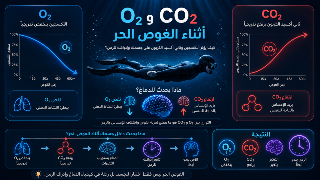 إنفوغرافيك يوضح كيف يؤثر انخفاض الأكسجين (O₂) وارتفاع ثاني أكسيد الكربون (CO₂) أثناء الغوص الحر في استجابة الدماغ وإدراك الزمن، ولماذا تبدو الثواني أبطأ تحت الماء.