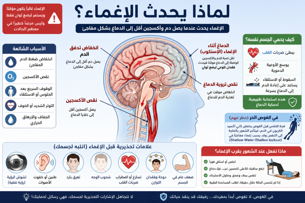 إنفوجرافيك طبي يشرح ماذا يحدث داخل الدماغ أثناء الإغماء وأبرز العلامات التحذيرية مثل الدوخة وتشوش الرؤية ونقص الأكسجين