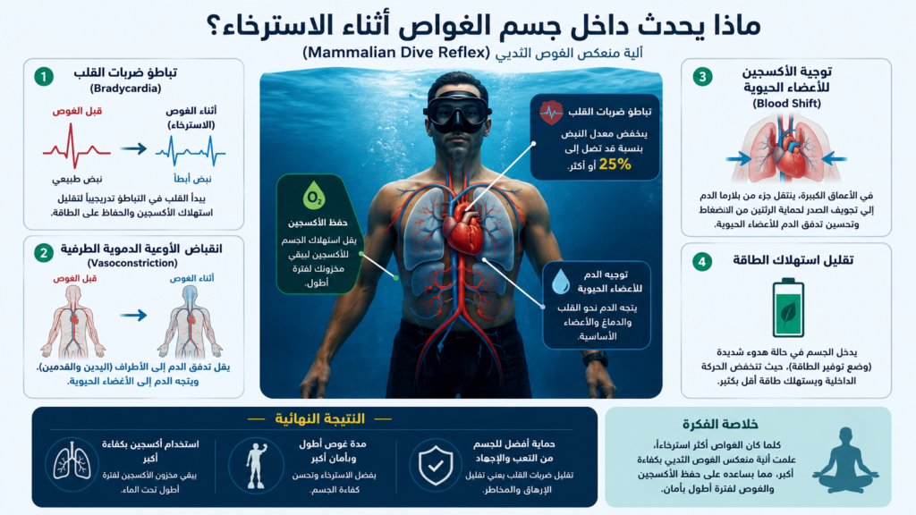 ماذا يحدث داخل جسم الغواص أثناء الاسترخاء؟ إنفوغرافيك تشريحي يشرح تباطؤ نبضات القلب وحفظ الأكسجين أثناء الغوص الحر