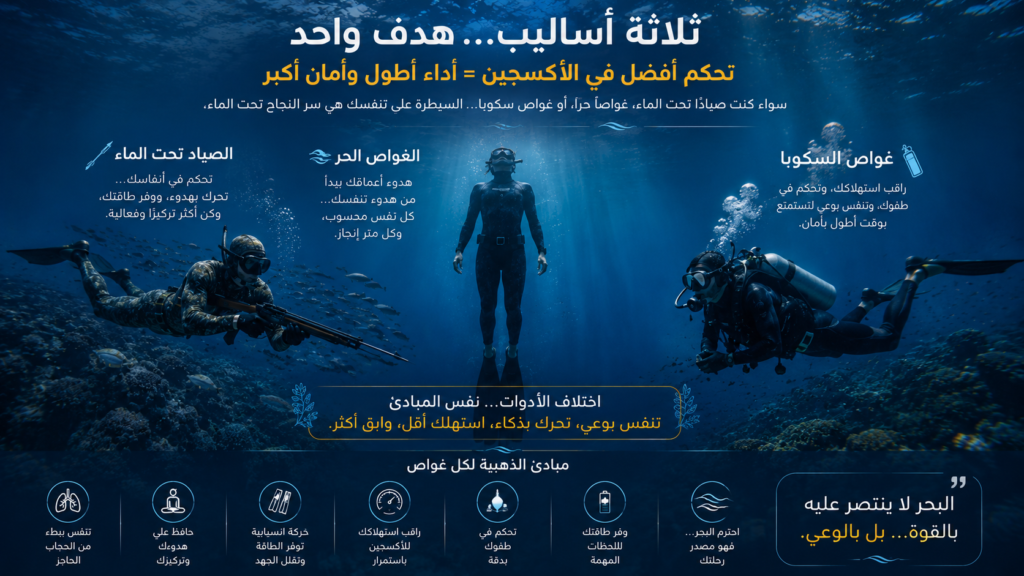 مشهد سينمائي تحت الماء يجمع غواص سكوبا وغواصًا حرًا وصيادًا تحت الماء في صورة واحدة تشرح أهمية التحكم في الأكسجين أثناء الغوص