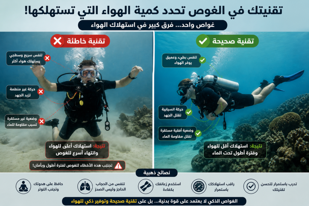 مقارنة بين الحركة الخاطئة والصحيحة للغواص وتأثيرها على استهلاك الهواء