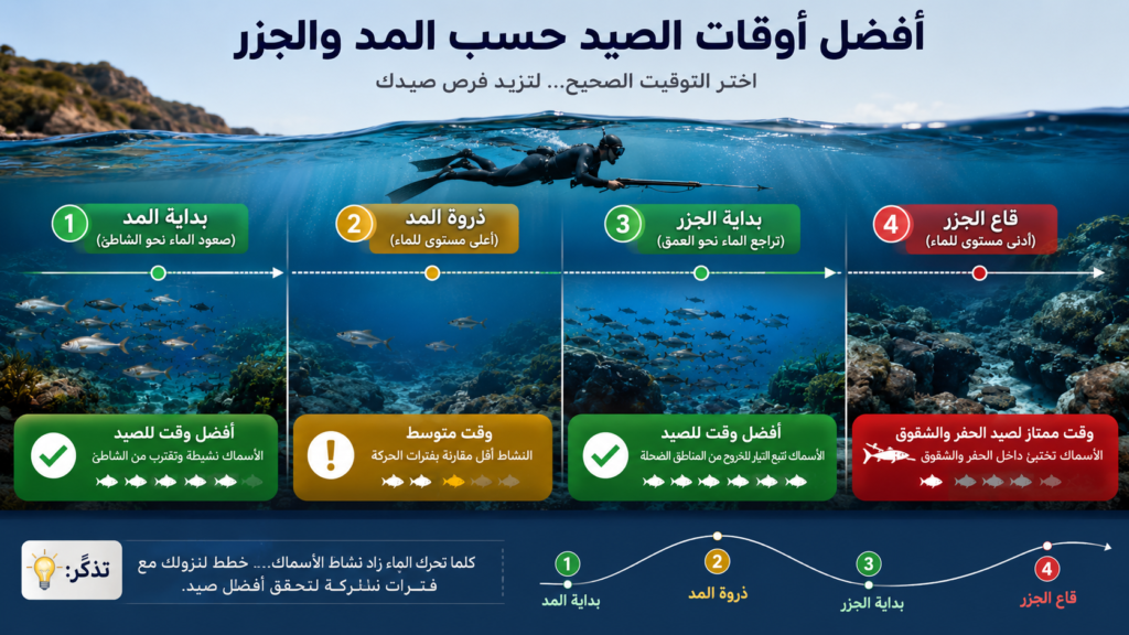 إنفوغرافيك يوضح أفضل أوقات الصيد تحت الماء حسب مراحل المد والجزر، مع مقارنة بين بداية المد وذروة المد وبداية الجزر وقاع الجزر، وتأثير كل مرحلة على نشاط الأسماك وفرص الصيد.