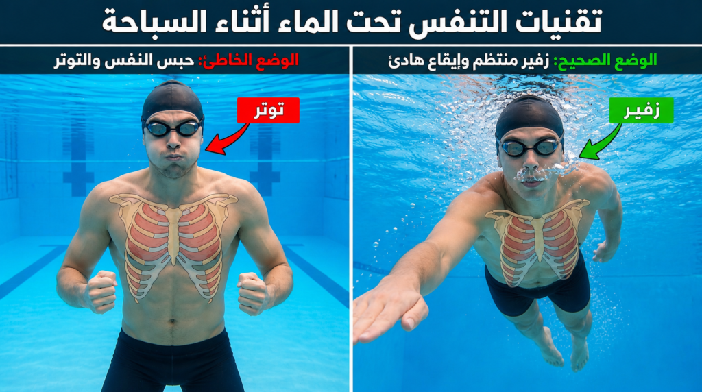 مقارنة بين سباح متوتر يحبس النفس وآخر مرتاح يزفر تحت الماء أثناء السباحة