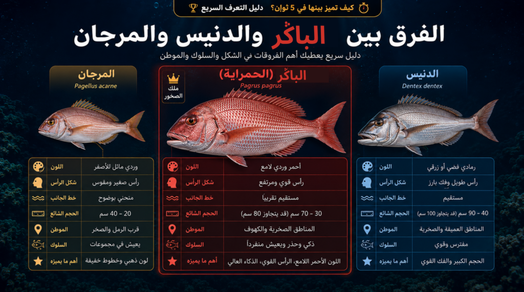 أنفوغرافيك مقارنة بين سمك الباڭر والدنيس والمرجان يوضح الفروقات في الشكل، اللون، السلوك، الموطن، والحجم لمساعدة الغواصين والصيادين على التمييز بينها بسرعة.