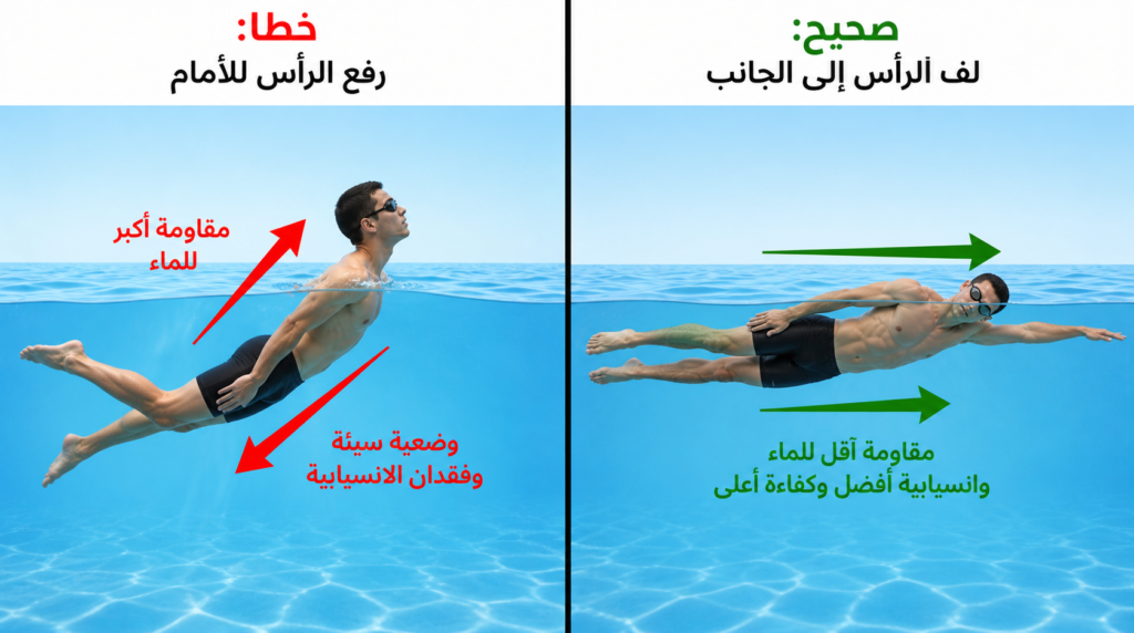 مقارنة بين وضعية الرأس الخاطئة والصحيحة للسباح