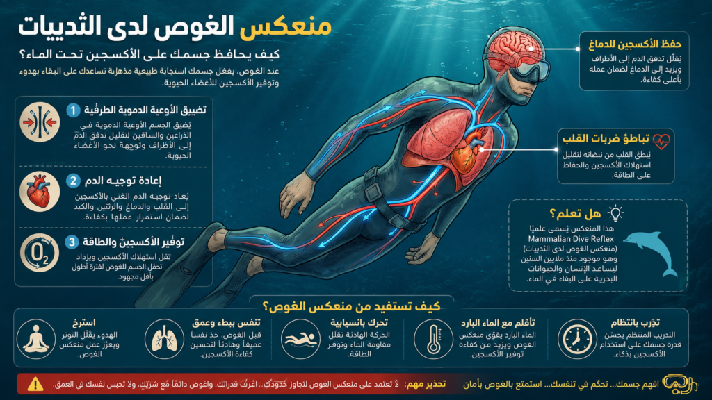 أنفوغرافيك علمي يشرح منعكس الغوص لدى الثدييات وكيف يحافظ جسم الغواص على الأكسجين تحت الماء عبر إبطاء ضربات القلب وتوجيه الدم للأعضاء الحيوية
