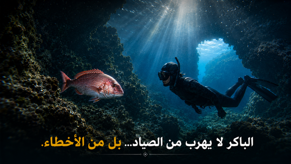 مشهد سينمائي تحت الماء يُظهر مواجهة هادئة بين غواص حر وسمك الباڭر داخل ممر صخري عميق، مع أشعة الشمس المتسللة من السطح في لقطة تعكس ذكاء السمكة واحترام الغواص لعالم الأعماق.