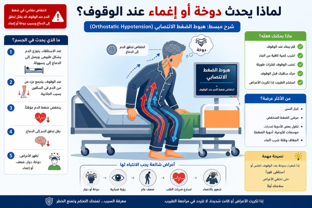 إنفوجرافيك طبي يشرح هبوط الضغط الانتصابي وكيف يسبب الدوخة أو الإغماء عند الوقوف المفاجئ بسبب انخفاض تدفق الدم إلى الدماغ