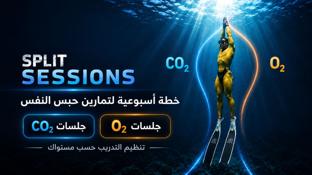 غواص حر ببدلة صفراء وزعانف طويلة بجانب عنوان Split Sessions ورمزي CO₂ وO₂ لتنظيم تمارين حبس النفس