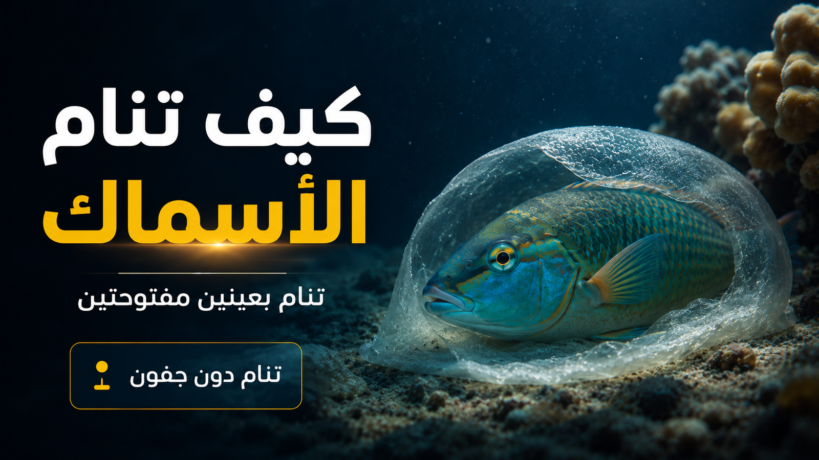 سمكة ببغاء تستريح داخل غلاف مخاطي شفاف تحت الماء بعينين مفتوحتين، في مشهد يوضح كيف تنام الأسماك تحت الماء دون جفون بين الشعاب المرجانية.
