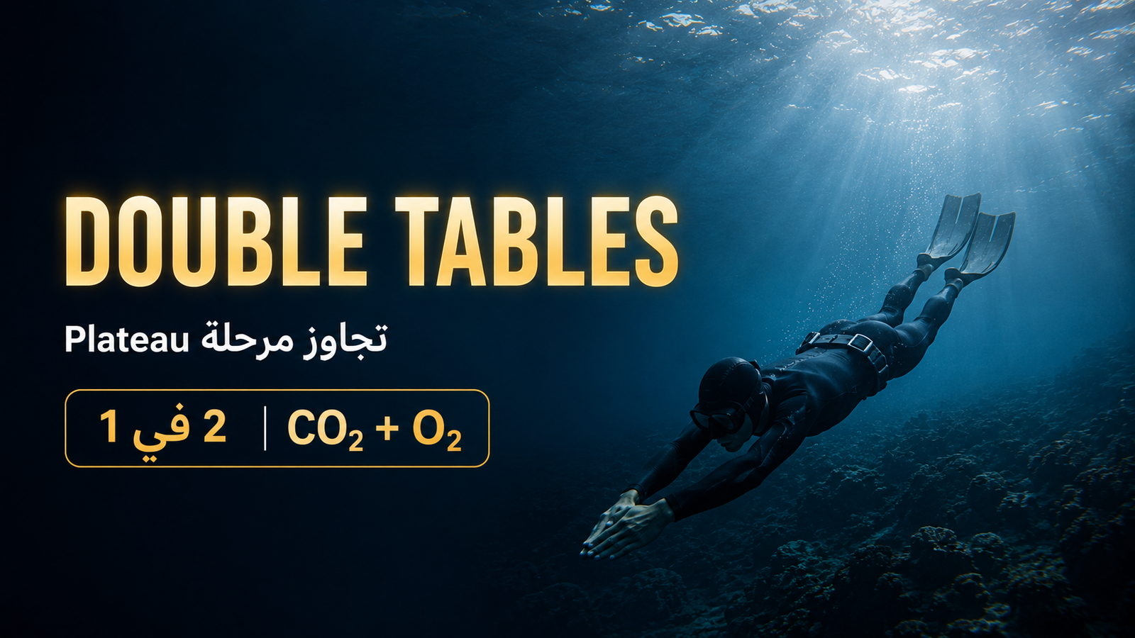 Double Tables في الغوص الحر: غواص حر ينزلق بهدوء نحو الأعماق في مشهد سينمائي يرمز إلى تجاوز مرحلة Plateau وتحسين تحمل CO₂ وO₂ لزيادة مدة حبس النفس.