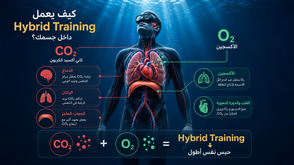 إنفوغرافيك تشريحي يوضح كيف يعمل Hybrid Training داخل جسم الغواص الحر من خلال تأثير ثاني أكسيد الكربون (CO₂) والأكسجين (O₂) على الدماغ والرئتين والقلب أثناء حبس النفس.