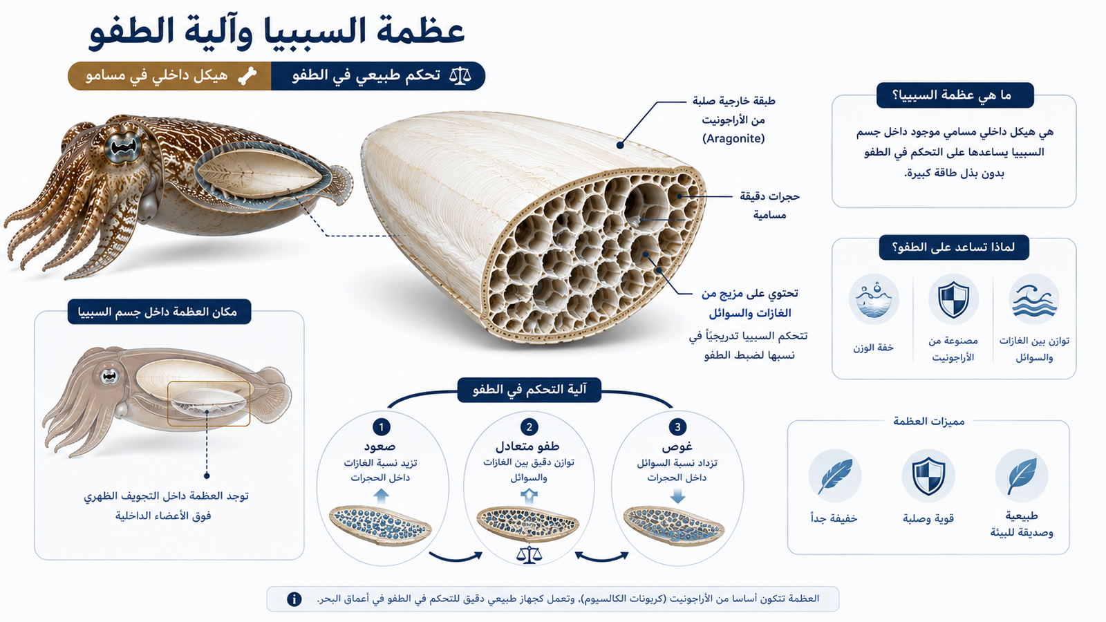 إنفوغرافيك علمي يوضح عظمة السيبيا (Cuttlebone) وتركيبها الداخلي المسامي، وكيف تساعد على التحكم في الطفو من خلال موازنة الغازات والسوائل داخل الحجرات الدقيقة.