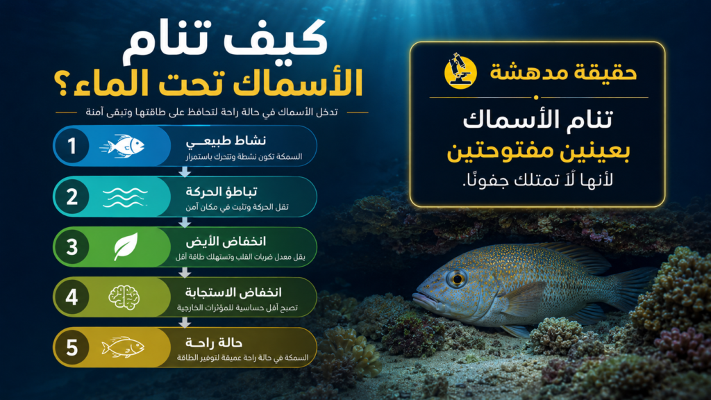 إنفوغرافيك علمي يوضح كيف تنام الأسماك تحت الماء، بدءًا من النشاط الطبيعي ثم تباطؤ الحركة وانخفاض الأيض والاستجابة، وصولًا إلى حالة الراحة مع بقاء العينين مفتوحتين بين الشعاب المرجانية.