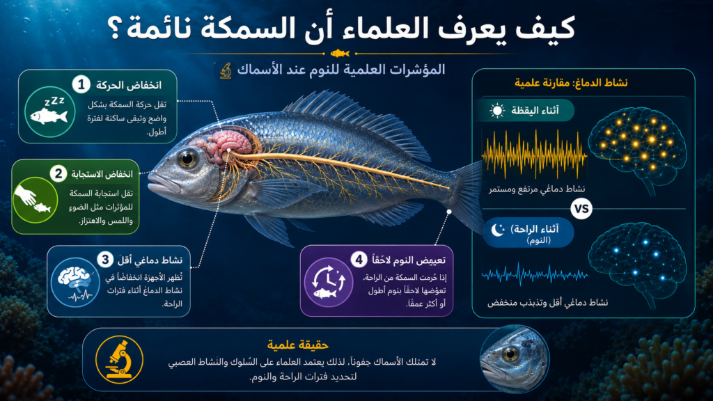 إنفوغرافيك علمي يوضح كيف يكتشف العلماء نوم الأسماك تحت الماء من خلال أربعة مؤشرات رئيسية: انخفاض الحركة، وضعف الاستجابة للمؤثرات، تراجع النشاط الدماغي، وتعويض فترات الراحة بعد الحرمان من النوم.