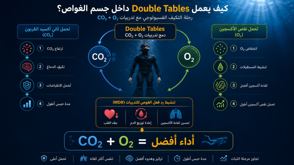 إنفوغرافيك يشرح كيف يساعد تمرين Double Tables على تطوير تحمل ثاني أكسيد الكربون (CO₂) ونقص الأكسجين (O₂)، وتنشيط رد فعل الغوص للثدييات، وتحسين الأداء في الغوص الحر وزيادة مدة حبس النفس.