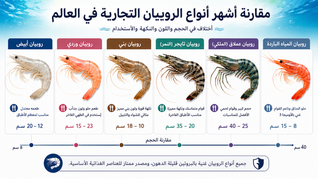 إنفوغرافيك يقارن أشهر أنواع الروبيان التجارية في العالم، موضحًا الاختلافات في الحجم واللون والخصائص الرئيسية بين الروبيان الأبيض والوردي والبني وروبيان النمر والروبيان الملكي وروبيان المياه الباردة.