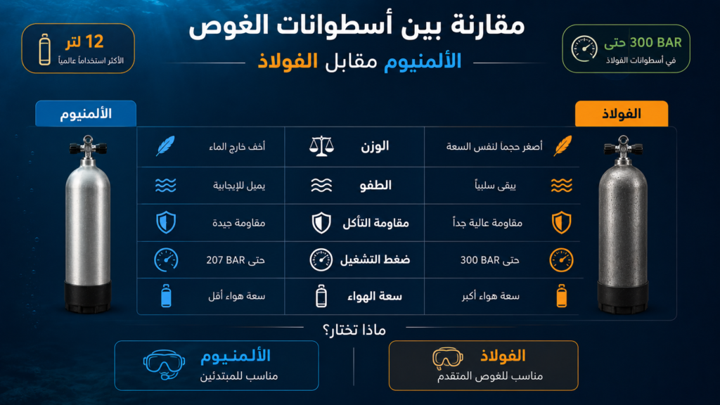 إنفوغرافيك يقارن بين أسطوانات الغوص المصنوعة من الألمنيوم والفولاذ من حيث الوزن والطفو ومقاومة التآكل وضغط التشغيل وسعة الهواء لمساعدة الغواص على اختيار الأسطوانة المناسبة.