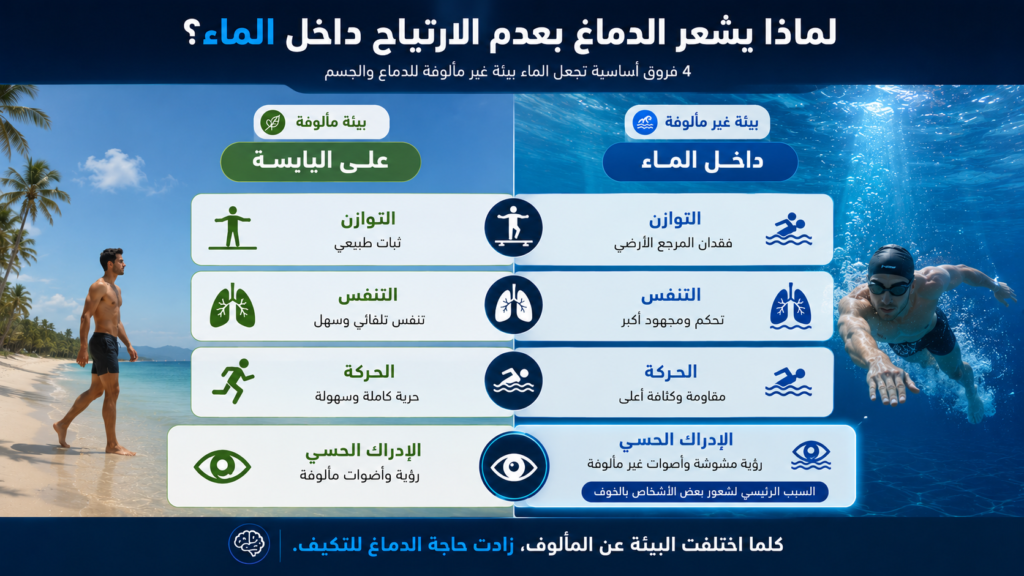 إنفوغرافيك يقارن بين اليابسة والماء من حيث التوازن والتنفس والحركة والإدراك الحسي، ويوضح لماذا يشعر بعض الأشخاص بعدم الارتياح أو الخوف عند دخول الماء.