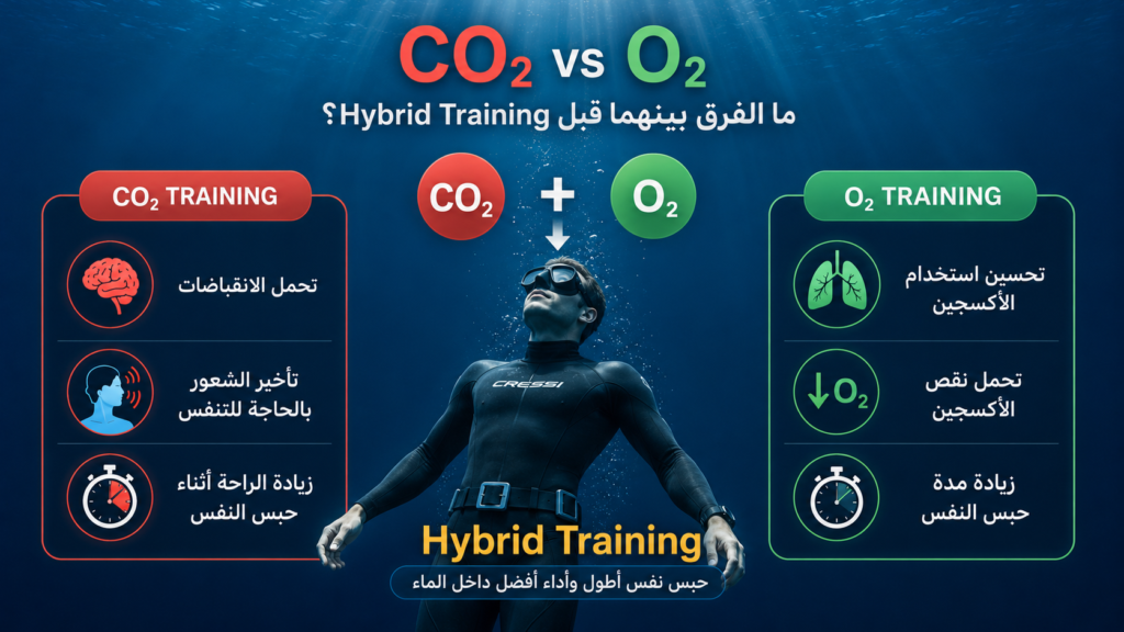 إنفوغرافيك يقارن بين تمارين CO₂ وتمارين O₂ في الغوص الحر، موضحًا دور كل منهما في تحمل الانقباضات وتحسين الاستفادة من الأكسجين وكيف يندمجان ضمن Hybrid Training لزيادة مدة حبس النفس.
