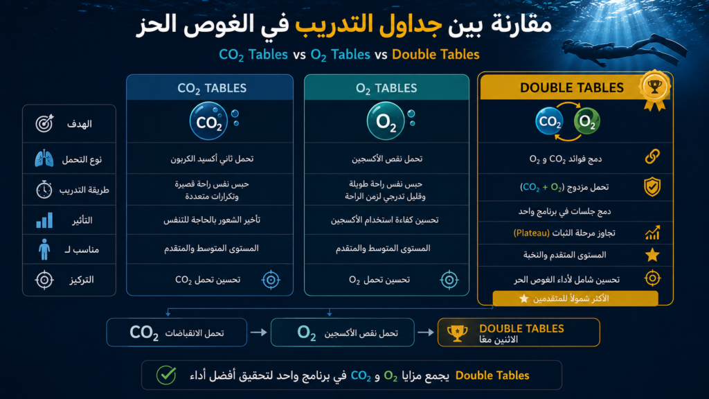 إنفوغرافيك يقارن بين جداول CO₂ وجداول O₂ وتمرين Double Tables في الغوص الحر، مع توضيح تأثير كل نظام تدريبي على تحمل الانقباضات ونقص الأكسجين وتجاوز مرحلة Plateau.
