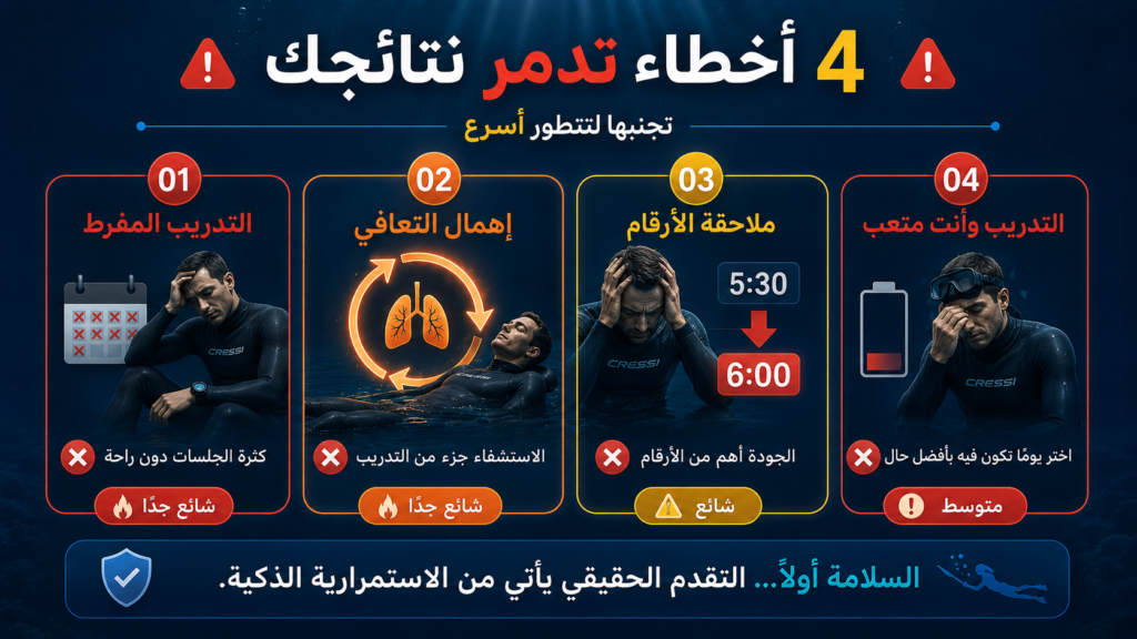 إنفوغرافيك يوضح 4 أخطاء شائعة في Hybrid Training قد تعيق زيادة مدة حبس النفس، تشمل التدريب المفرط، إهمال التعافي، ملاحقة الأرقام، والتدريب أثناء التعب.