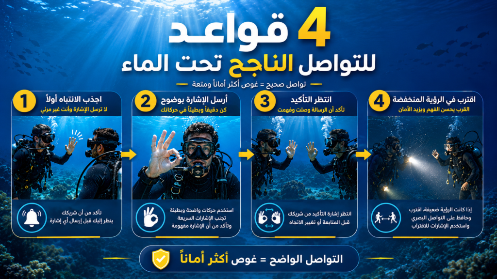 إنفوغرافيك يوضح 4 قواعد أساسية لاستخدام إشارات الغوص بالأسطوانات بشكل صحيح، تشمل جذب الانتباه وإرسال الإشارة بوضوح وانتظار التأكيد والاقتراب في ظروف الرؤية المحدودة.