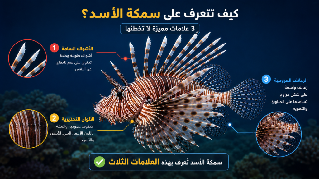 إنفوغرافيك يوضح أبرز العلامات التي تساعد الغواصين على التعرف على سمكة الأسد، بما في ذلك الأشواك السامة والألوان التحذيرية والزعانف المروحية المميزة.
