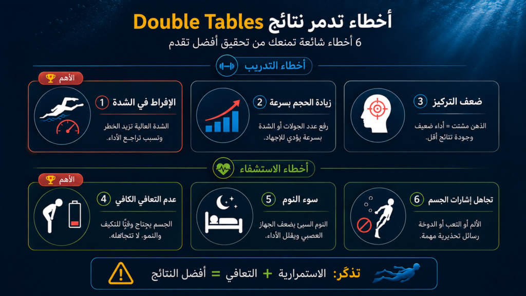 إنفوغرافيك يوضح أشهر الأخطاء التي تمنع التقدم في تمرين Double Tables، مثل الإفراط في الشدة، ضعف الاستشفاء، سوء النوم، وتجاهل إشارات الجسم، مع إبراز تأثيرها على الأداء في الغوص الحر.
