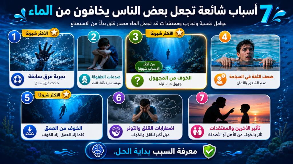 إنفوغرافيك يوضح أشهر الأسباب النفسية والسلوكية التي تجعل بعض الأشخاص يخافون من الماء، بما في ذلك الخوف من العمق، والتجارب السلبية السابقة، وضعف الثقة في السباحة، والخوف من المجهول.