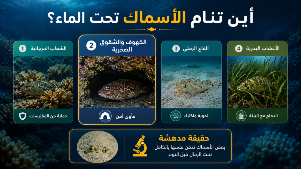 إنفوغرافيك يوضح أشهر الأماكن التي تنام فيها الأسماك تحت الماء، بما في ذلك الشعاب المرجانية والكهوف الصخرية والقاع الرملي والأعشاب البحرية، مع شرح استراتيجيات الحماية والتمويه أثناء الراحة.