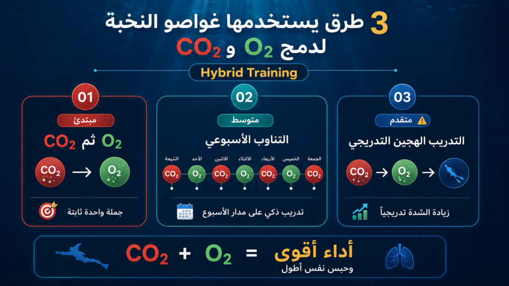 إنفوغرافيك يوضح أشهر طرق Hybrid Training المستخدمة في الغوص الحر، مع مقارنة بين دمج تمارين CO₂ وO₂ في جلسة واحدة، والتناوب الأسبوعي، والتدريب الهجين التدريجي لزيادة مدة حبس النفس.